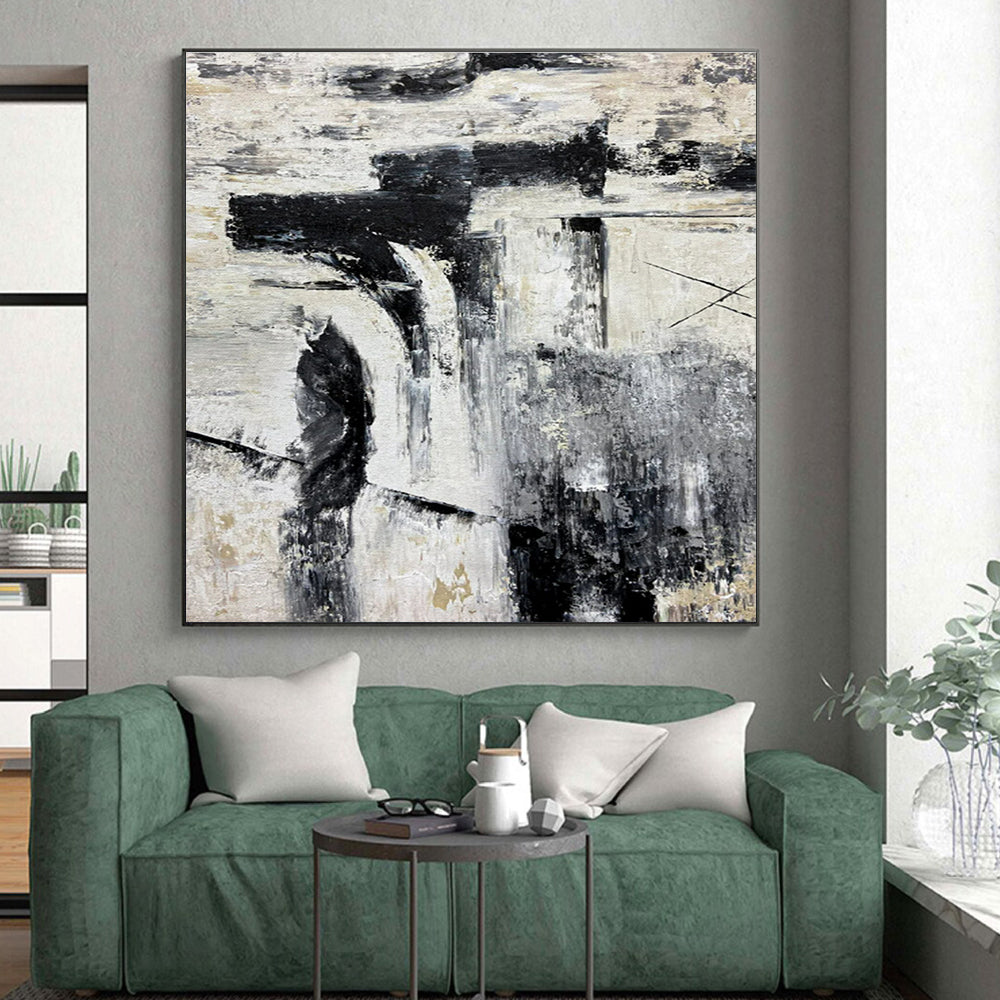 Large Contemporary Wall Art Black, White, and Gold Textured Abstract Art HS725