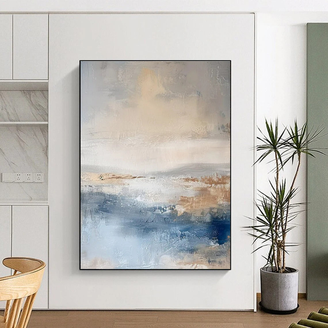 Blue, Gray, and Beige Abstract Seaside Painting For Sale WS502
