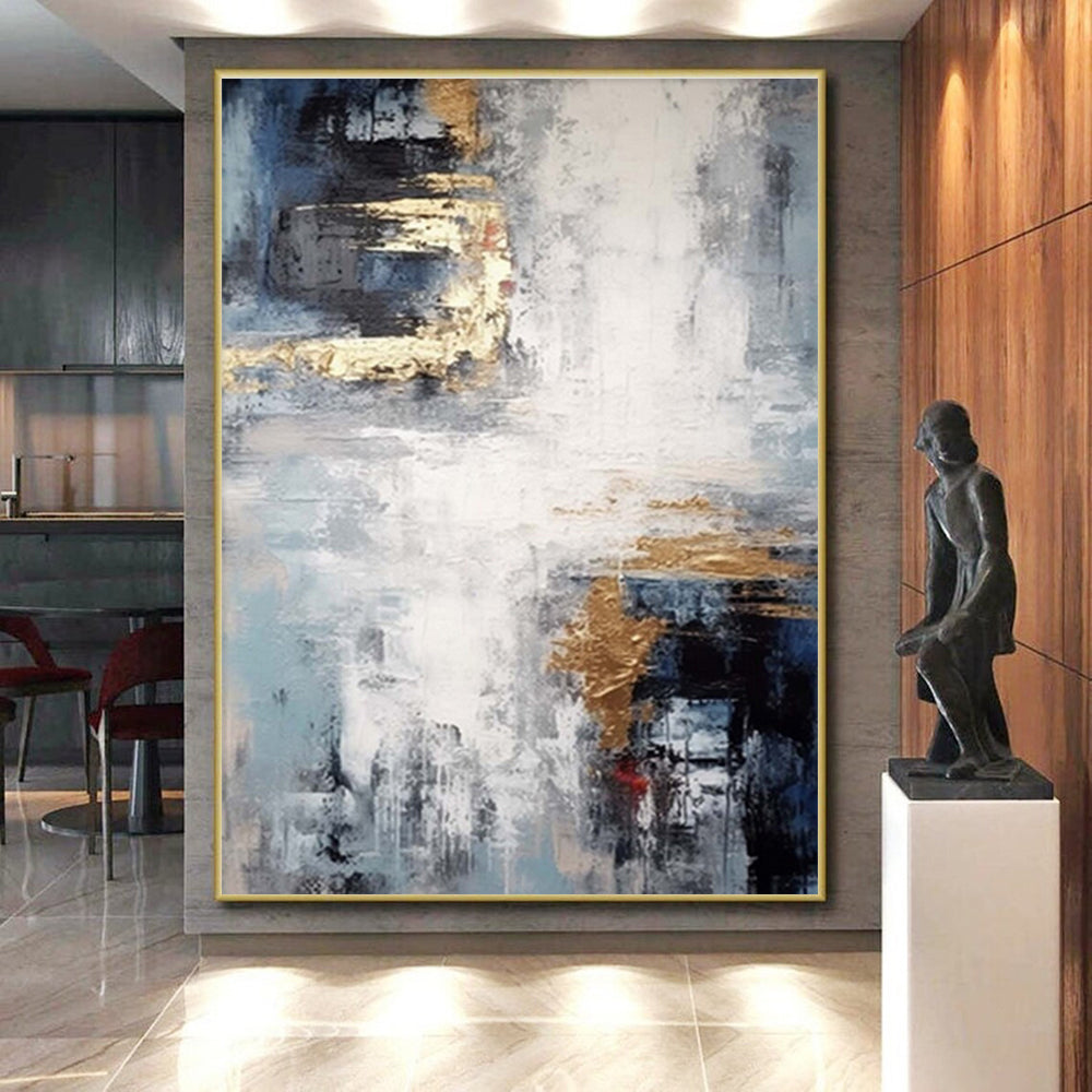 Hand Painted Art Blue, Gray & Gold Textured Abstract, Acrylic Modern Art Paintings HS366