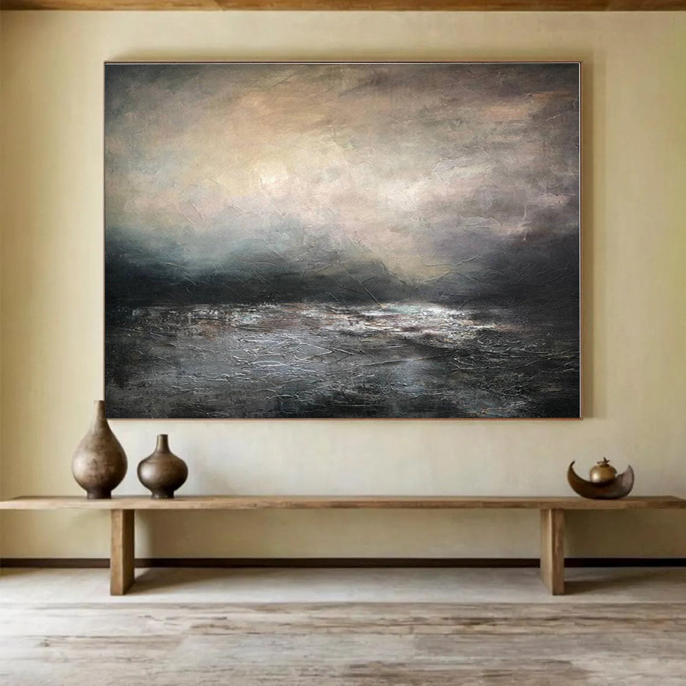 Oversized Canvas Art Gray and Black Abstract Landscape Painting WB142