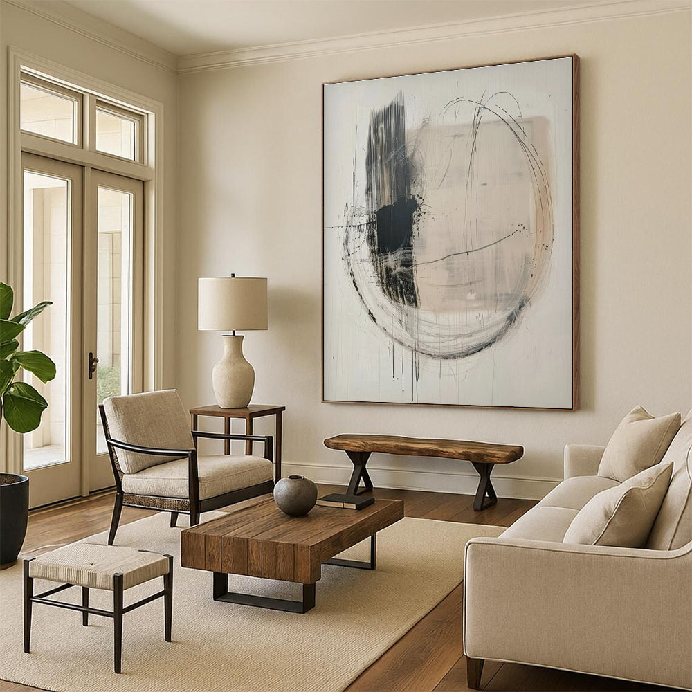 Hand Painted Art Black, White, and Beige Circular Abstract Art HS621