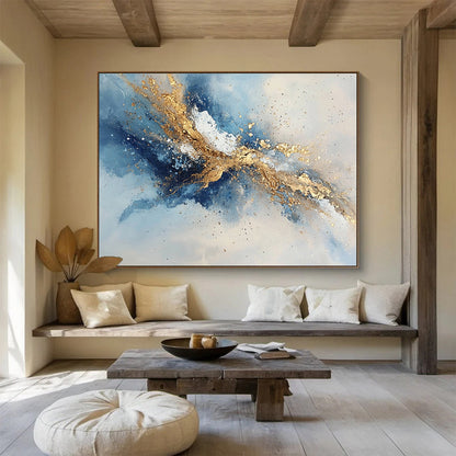 Oversized Canvas Art in Blue, Gold, and White Textured Abstract Style WB264