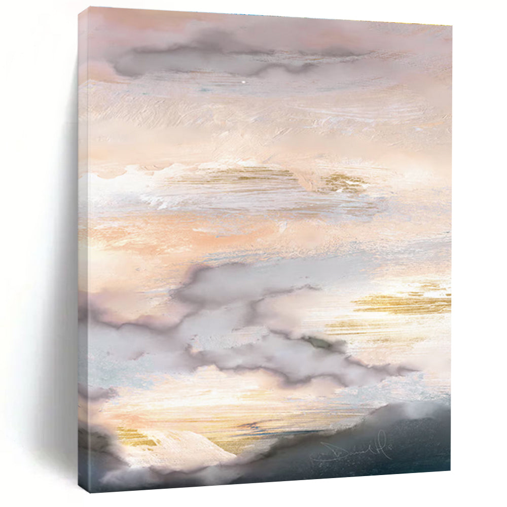 Hand-Painted Pink, Gold & Gray Cloudy Abstract, Acrylic Modern Art Painting HS241