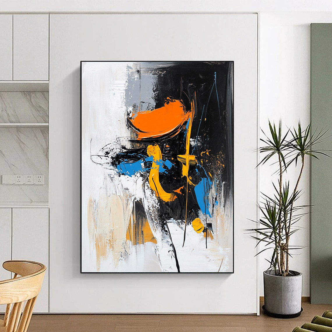 Acrylic Modern Art Paintings Black, White, Orange, and Blue Abstract Expressive Painting For Sale HS144