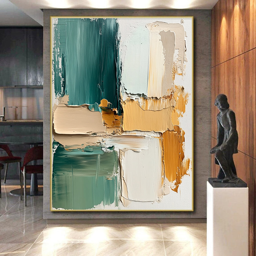 Hand Painted Art Teal and Neutral Geometric Abstract Painting HS173