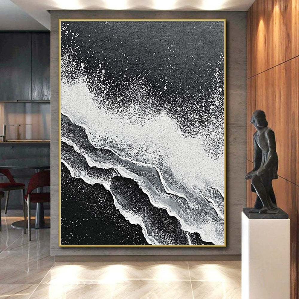 Unique Abstract Art Black and White Wave Textured Abstract Painting HS176