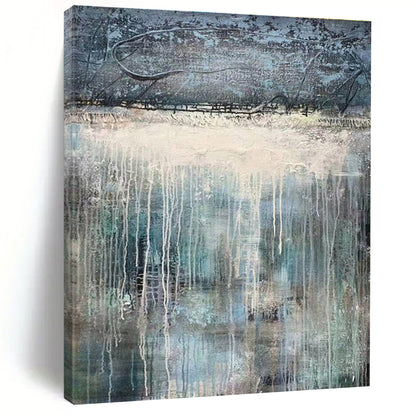 Blue, Gray, and White Dripping Abstract Landscape Painting For Sale Online WS470