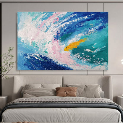 Extra Large Size Blue, Pink, and Yellow Abstract Ocean with Fish - Acrylic Painting WB289