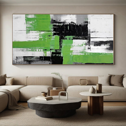 Acrylic Modern Art Paintings Green, Black, and White Geometric Abstract Painting On Canvas HS796