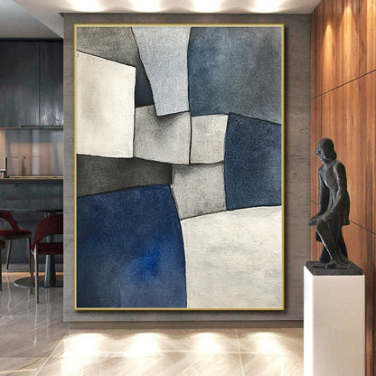Hand Painted Art Blue, Gray, and White Abstract Shape Painting For Sale HS139