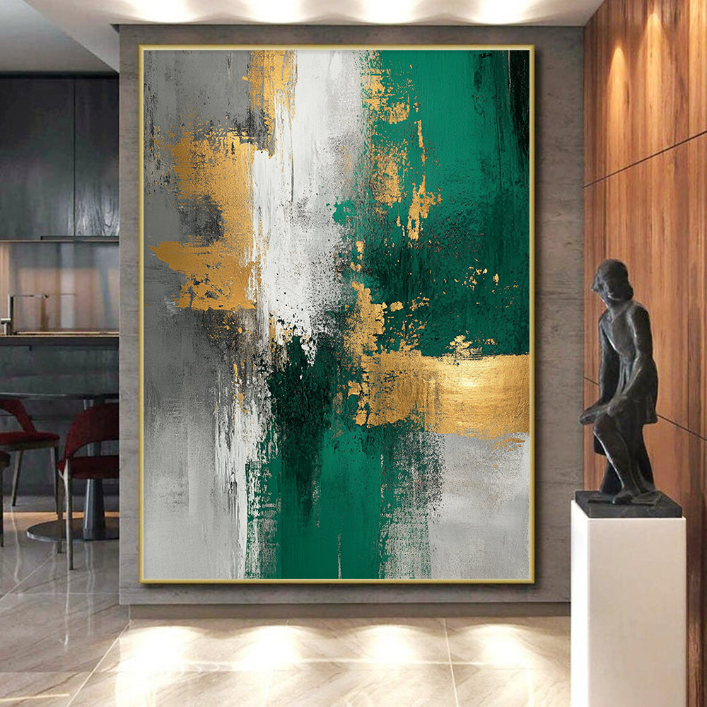 Large Size Green, Gold, and Gray Abstract Textured Painting For Sale HS110