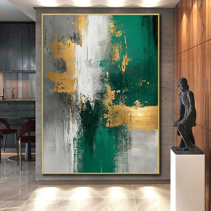 Large Size Green, Gold, and Gray Abstract Textured Painting For Sale HS110