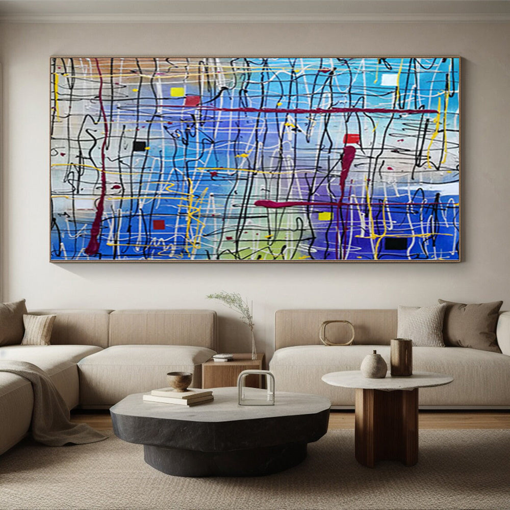 Unique Abstract Paintings Blue and Multicolor Line Abstract Painting For Sale HS099
