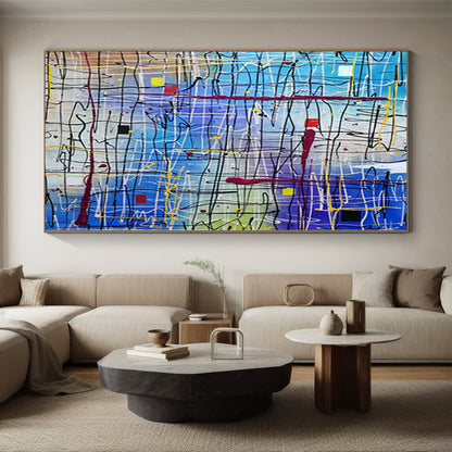 Unique Abstract Paintings Blue and Multicolor Line Abstract Painting For Sale HS099