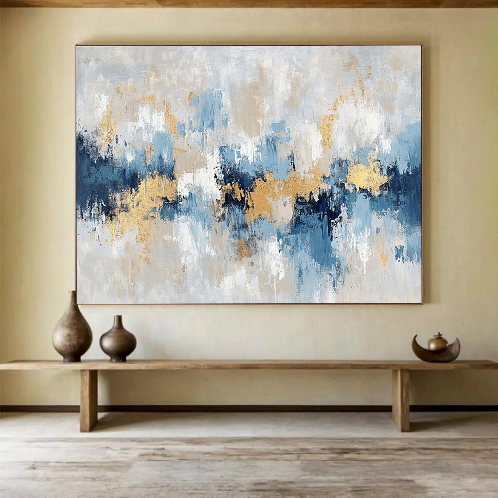 Horizontal Blue, Gray, and Gold Textured Abstract Painting WB263
