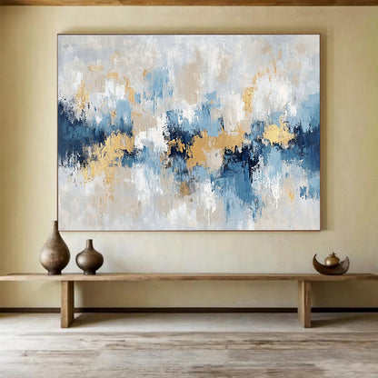 Horizontal Blue, Gray, and Gold Textured Abstract Painting WB263