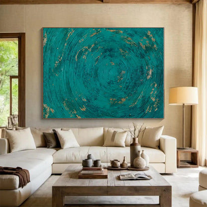 Handmade Art Teal and Gold Circular Textured Abstract Art HS615