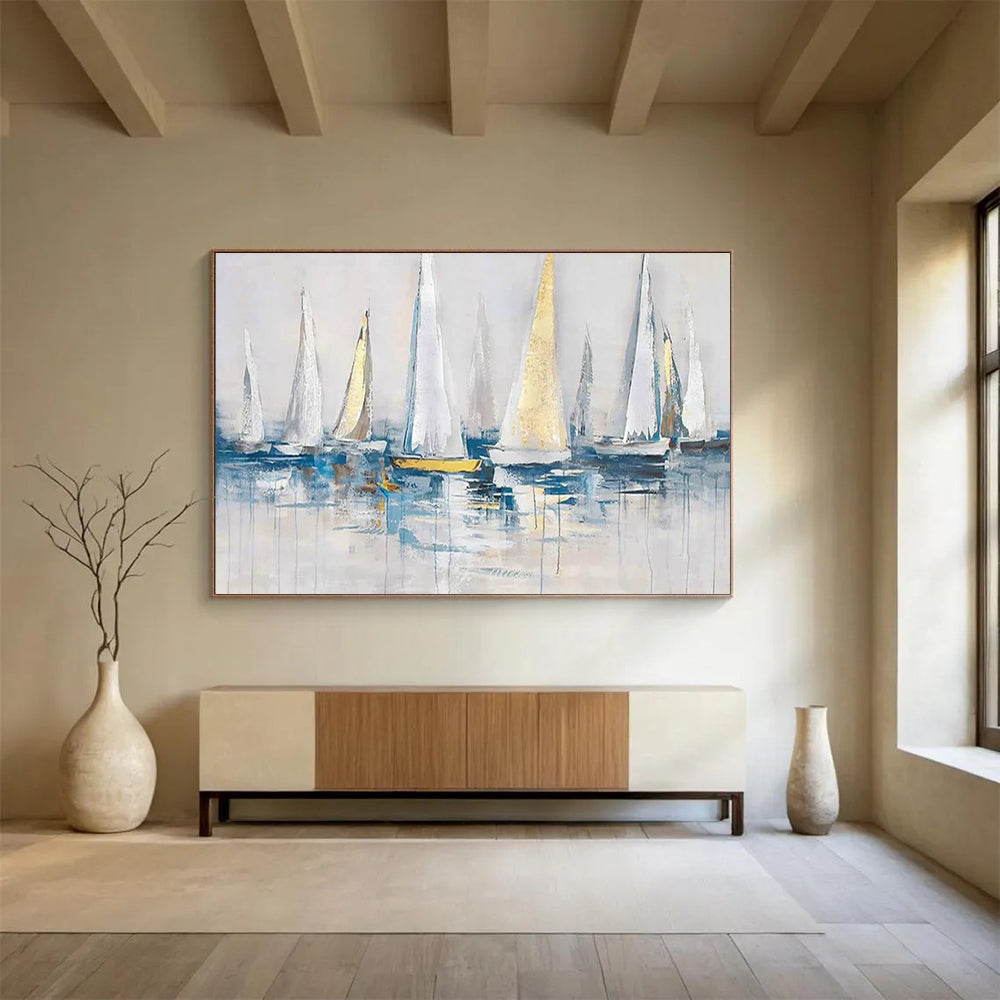 Oversized Canvas Art in Blue, White, and Gold Abstract Sailboat Style WB228