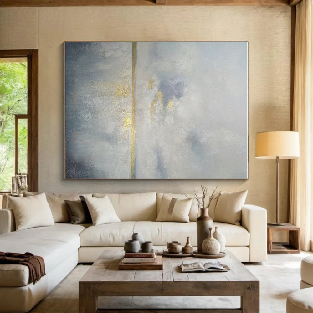 Minimalist Canvas Art Gray, White, and Gold Textured Abstract Painting On Canvas HS773