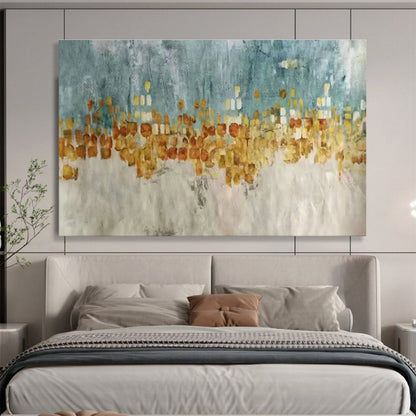 Contemporary Abstract Art: Turquoise and Gold Cityscape Abstract Painting WB367