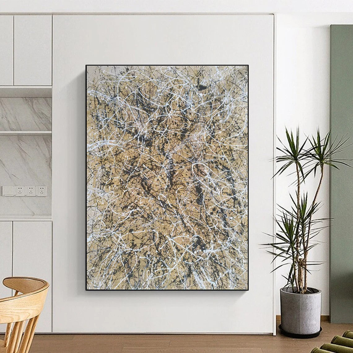 Acrylic Modern Art Paintings Beige, Black, and White Splatter Abstract Art HS617