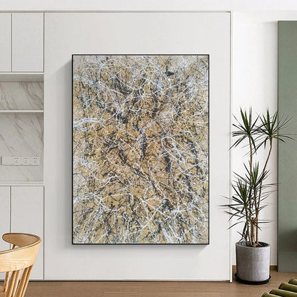 Acrylic Modern Art Paintings Beige, Black, and White Splatter Abstract Art HS617