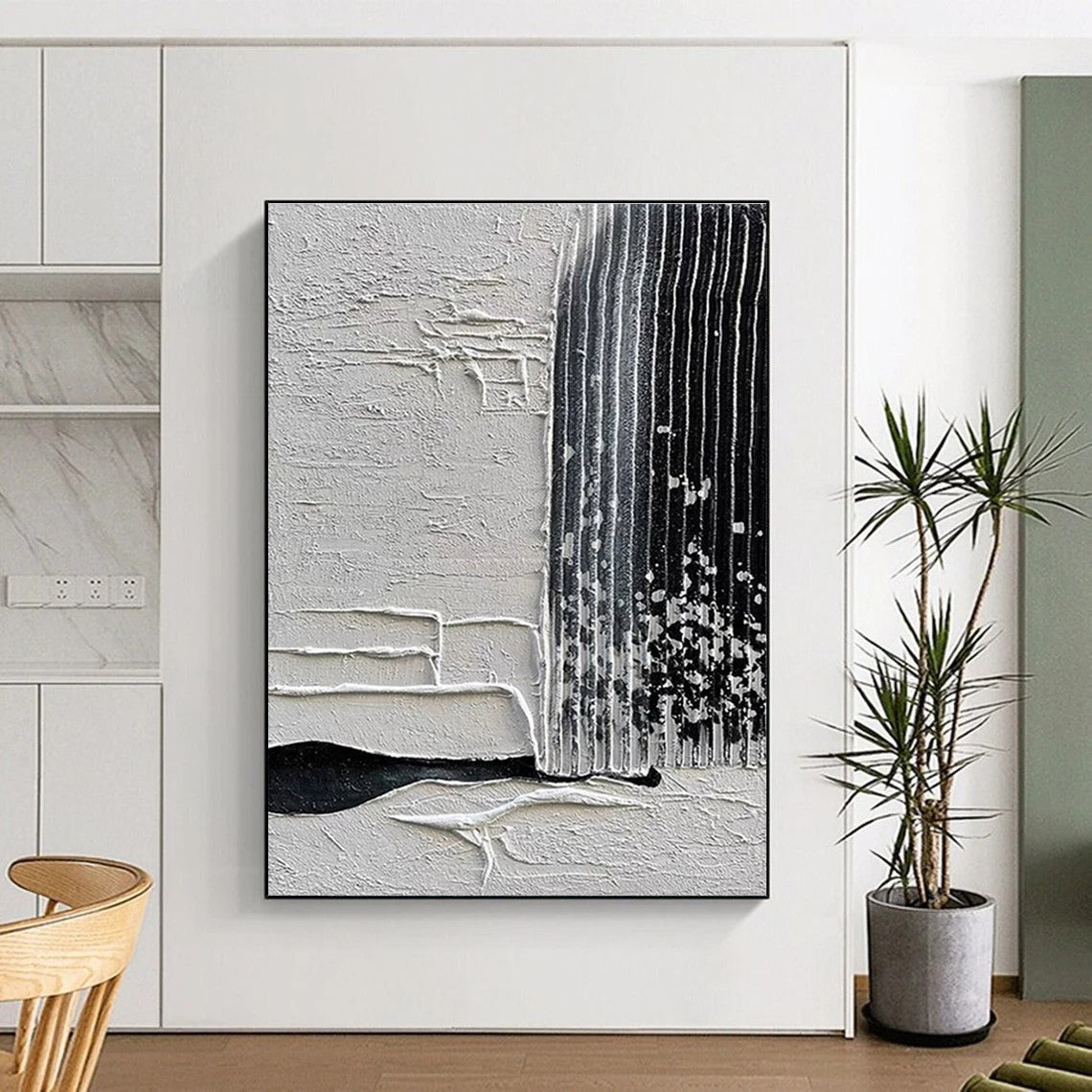 Giant Canvas Art Black & White Textured Abstract Linear Art HS379