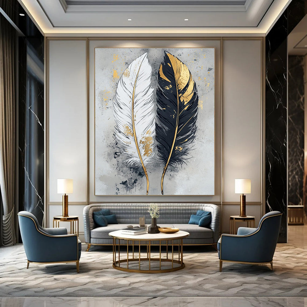 Black, White, and Gold Abstract Feather Painting For Sale WS499