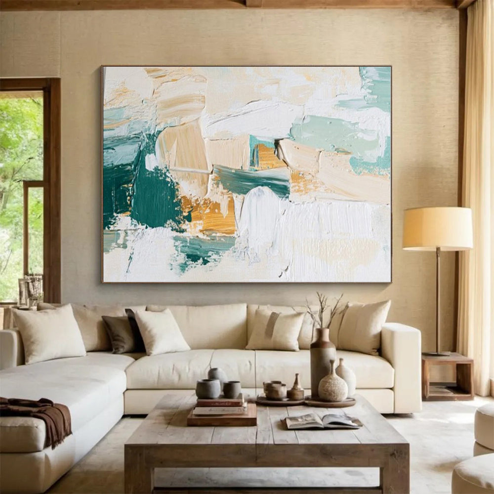 Acrylic Modern Art Paintings Teal, Beige, and Gold Textured Abstract Art HS742