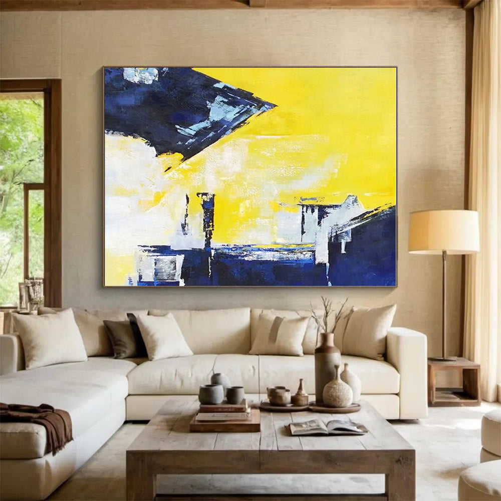 Unique Abstract Art Yellow & Blue Geometric Abstract, Large Contemporary Wall Art HS353