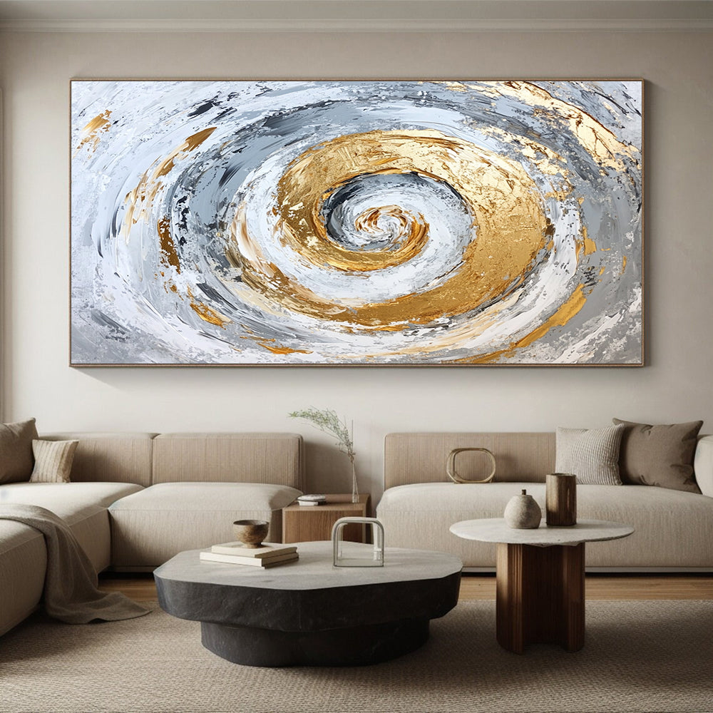 Large Contemporary Wall Art Gray, White, and Gold Abstract Spiral Painting For Sale HS138