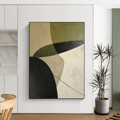 Handmade Art Green, Black, and Beige Geometric Abstract Art HS188