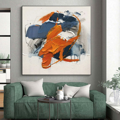 Hand Painted Art Large Size Acrylic Modern Art Paintings with Orange, Blue, Gray Dynamic Shapes - Oversized Abstract Wall Art HS523