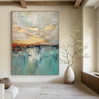 Multicolor Sky and Sea with Golden Accents Abstract Landscape Painting For Sale Online WS466