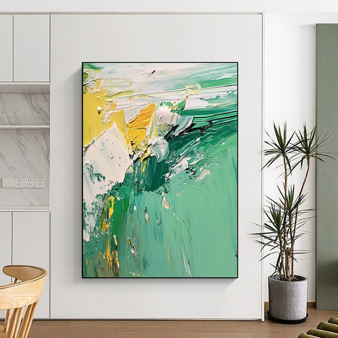 Handmade Art Green and Yellow Abstract Textured Painting For Sale HS126