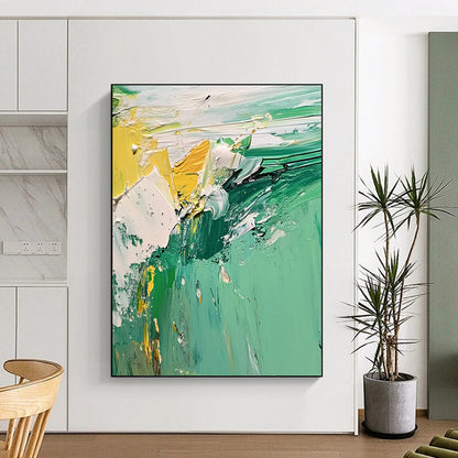 Handmade Art Green and Yellow Abstract Textured Painting For Sale HS126