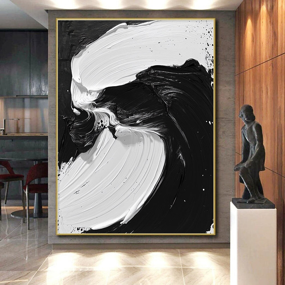 Hand Painting Black and White Fluid Abstract Art HS195