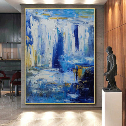 Hand-Painted Blue and Gold Abstract Waterfall Painting For Sale HS065
