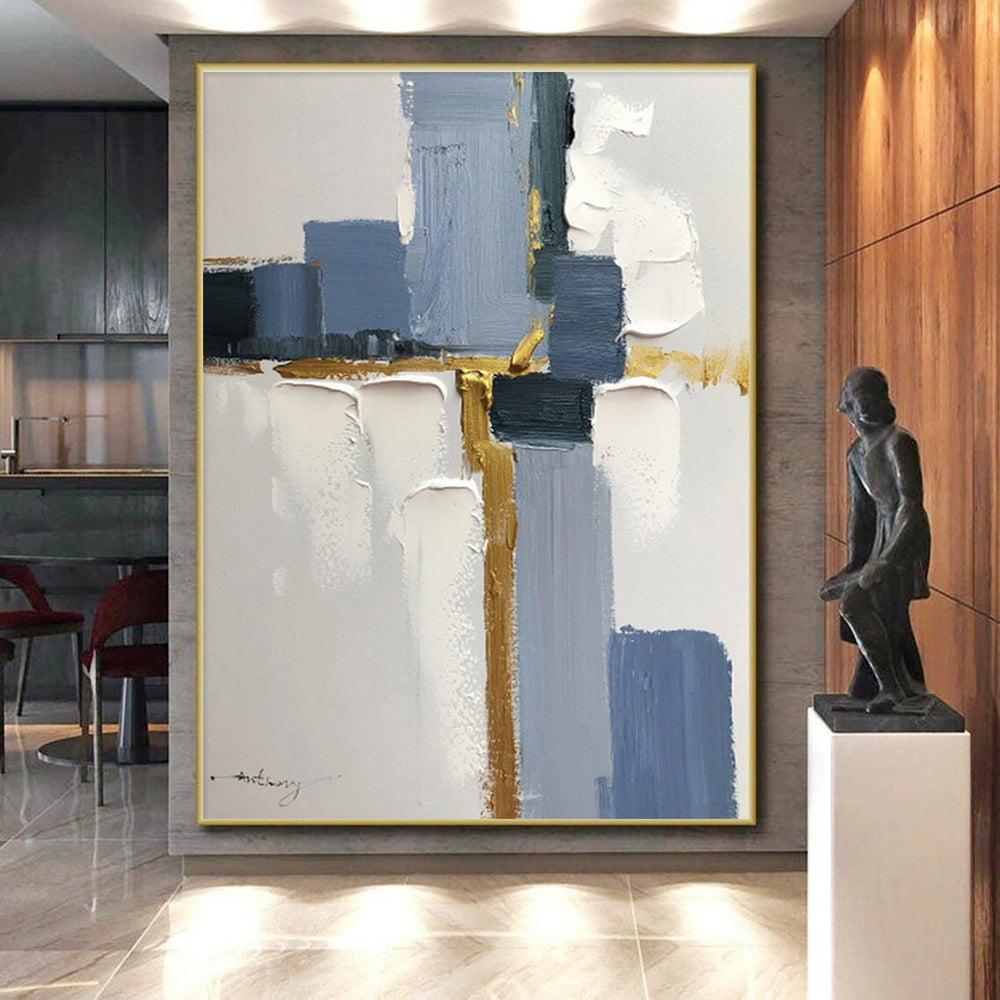 Modern Art Acrylic with Blue, Gray, White and Gold Colors, Abstract Geometric Theme HS472