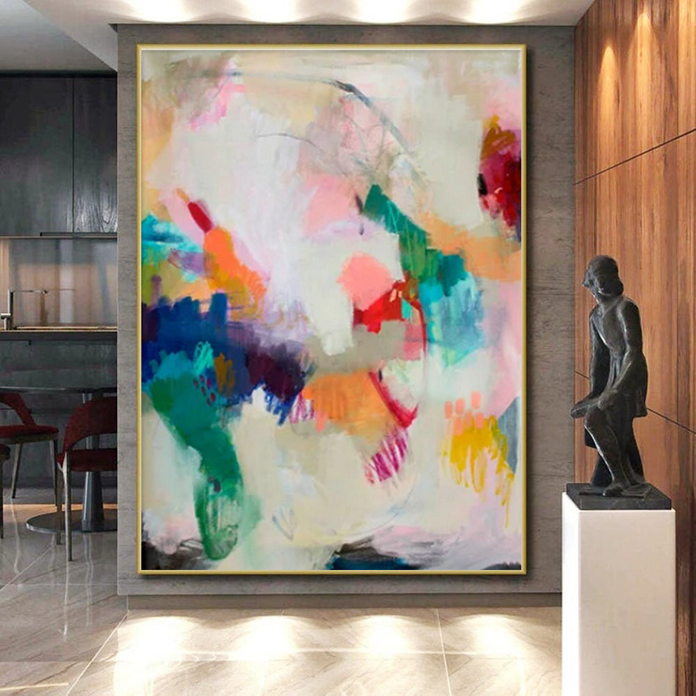 Hand Painted Art Colorful Abstract Acrylic Painting with Pink, Blue, Green, Yellow - Large Painting In Living Room HS516