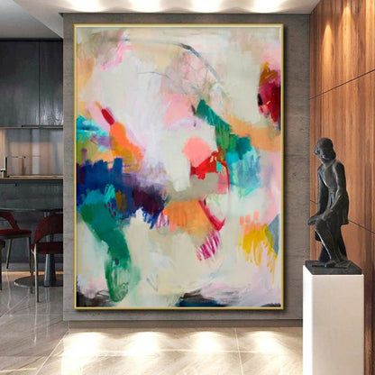 Hand Painted Art Colorful Abstract Acrylic Painting with Pink, Blue, Green, Yellow - Large Painting In Living Room HS516