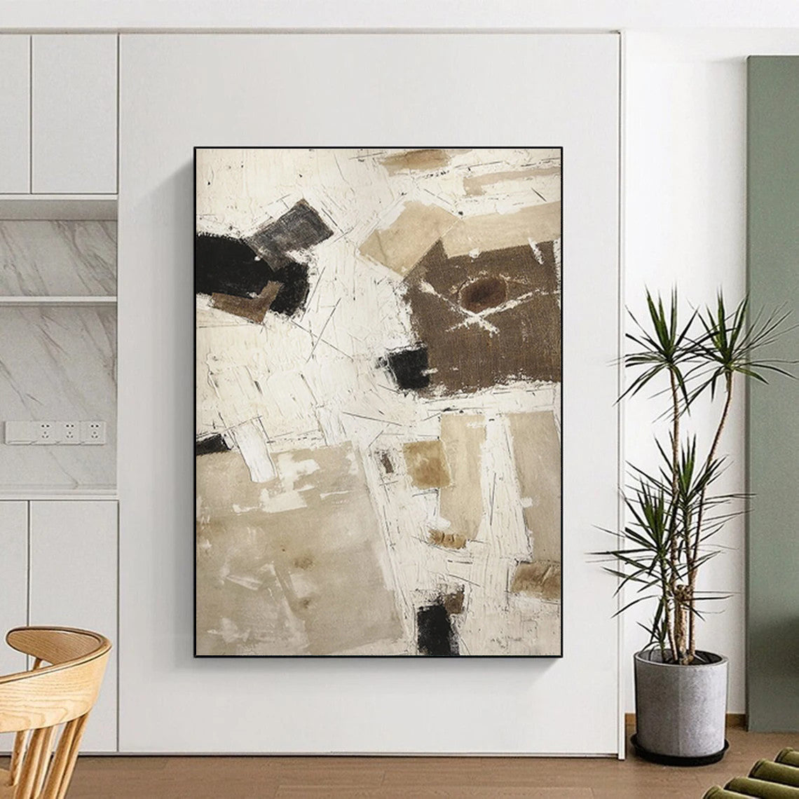Hand Painted Art Beige & Black Textured Abstract, Acrylic Modern Art Paintings HS320