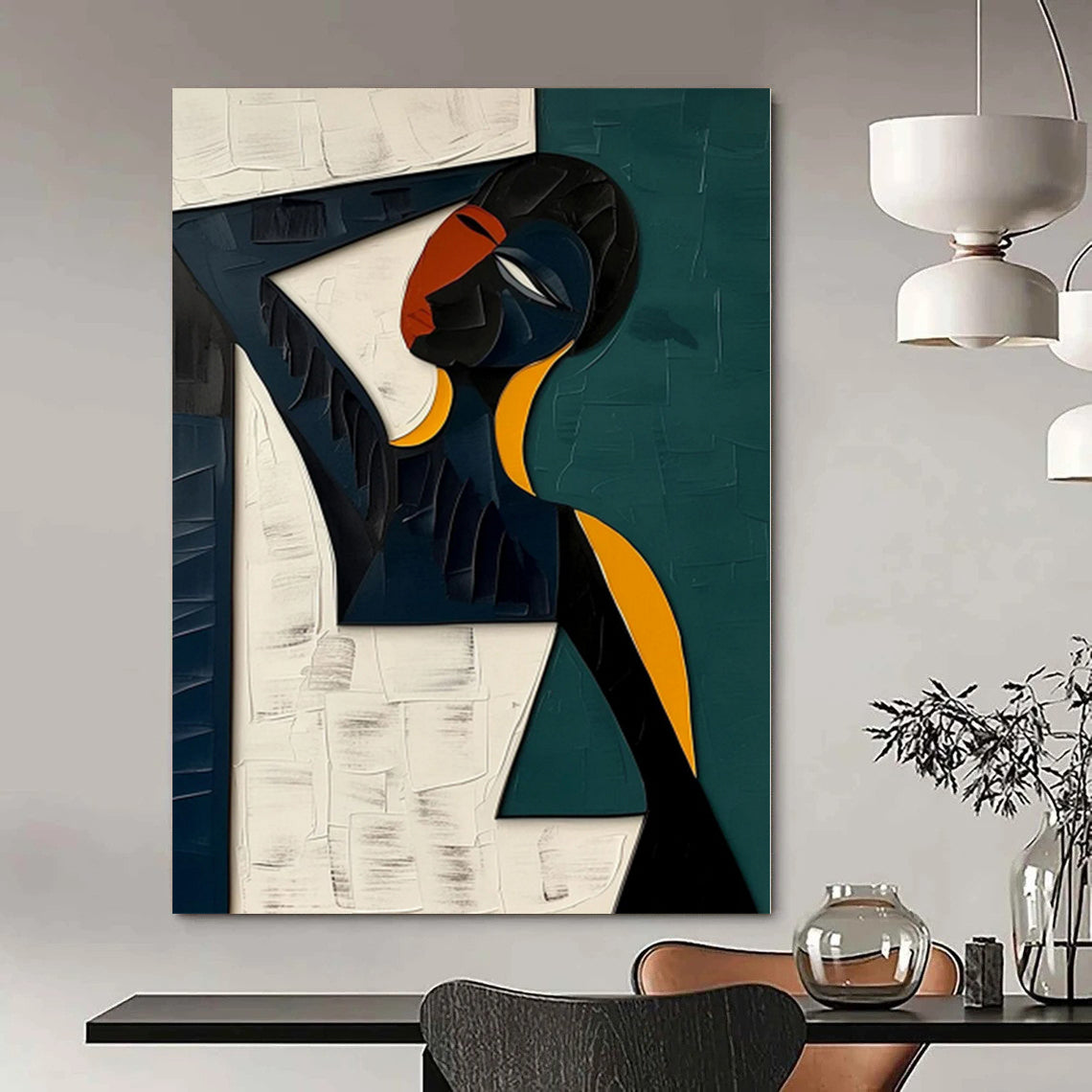 Teal, Orange, Black Abstract Figurative Art For Living Room and Bedroom WS423