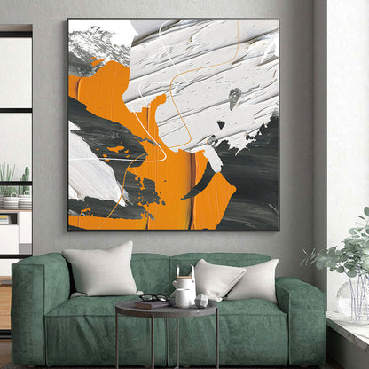 Hand-Painted Orange, Black, and White Abstract Textured Painting For Sale HS090