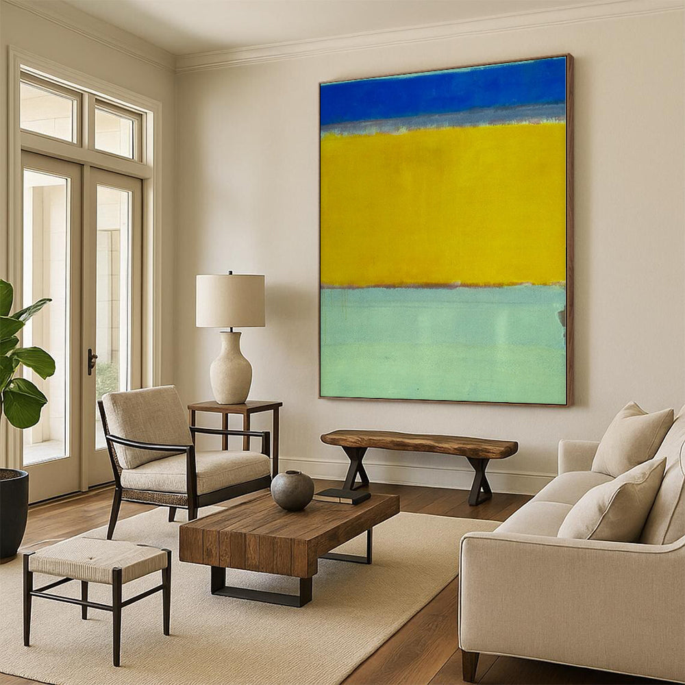 Modern Art Acrylic Blue and Yellow Abstract Color Field Painting For Sale HS105