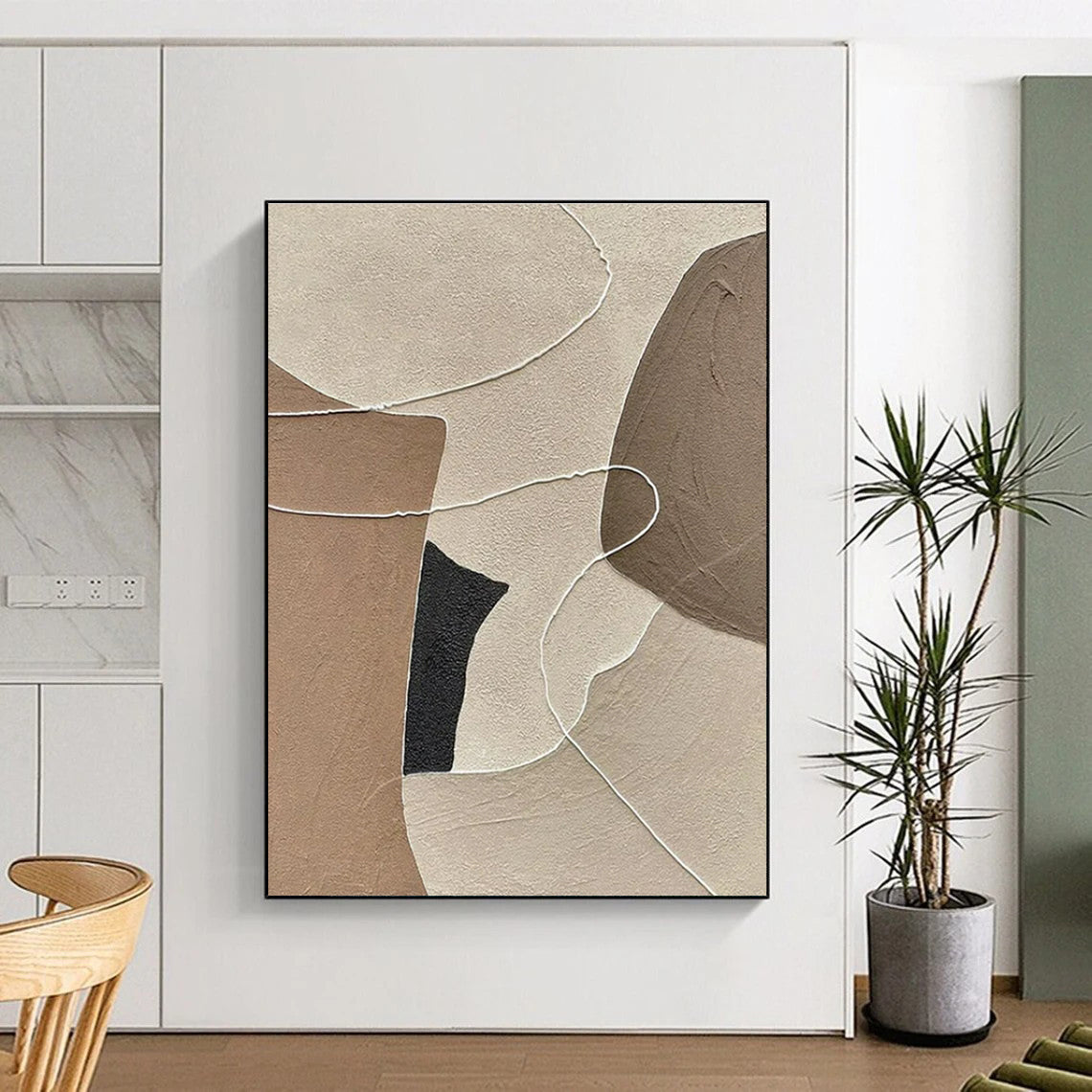 Unique Abstract Art Neutral Shapes with White Line Details, Minimalist Canvas Art HS546