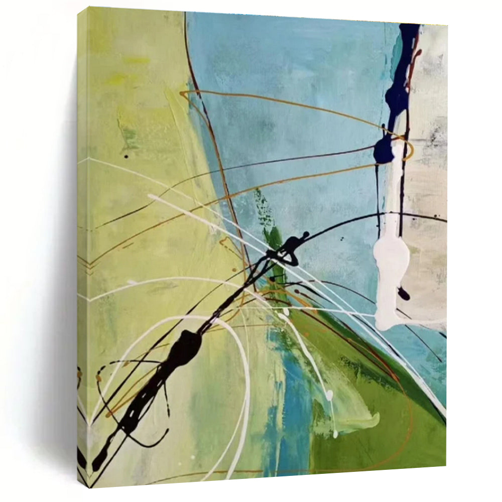 Handmade Art Green, Blue, and Black Dynamic Abstract Painting On Canvas HS797