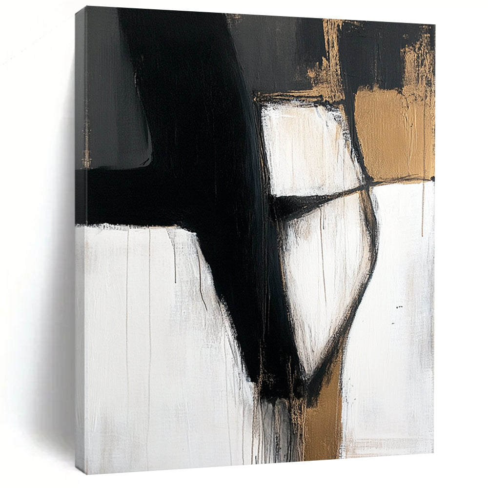 Acrylic Modern Art Paintings Black, White, and Gold Abstract Shape Painting For Sale HS154