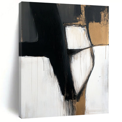 Acrylic Modern Art Paintings Black, White, and Gold Abstract Shape Painting For Sale HS154