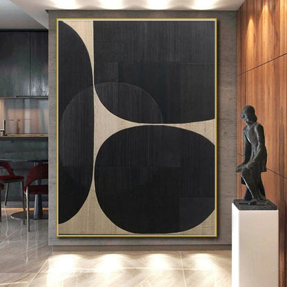 Huge Size Handmade Art with Black, Beige Geometric Shapes - Large Contemporary Wall Art HS515
